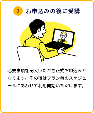 3 お申込みの後に受講 必要事項を記入いただき正式お申込みとなります。その後はプラン毎のスケジュールに合わせて利用開始いただけます。